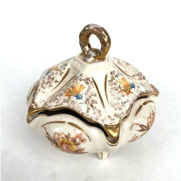 Vintage Porcelain Lidded Dresser Powder Box Candy Dish Footed Floral Gol… - Picture 5 of 10